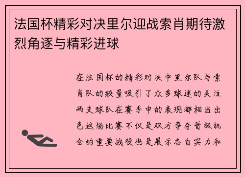 法国杯精彩对决里尔迎战索肖期待激烈角逐与精彩进球